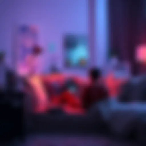 A player sits comfortably on a couch, playing a soulslike game on a console, surrounded by warm lighting and cushions.