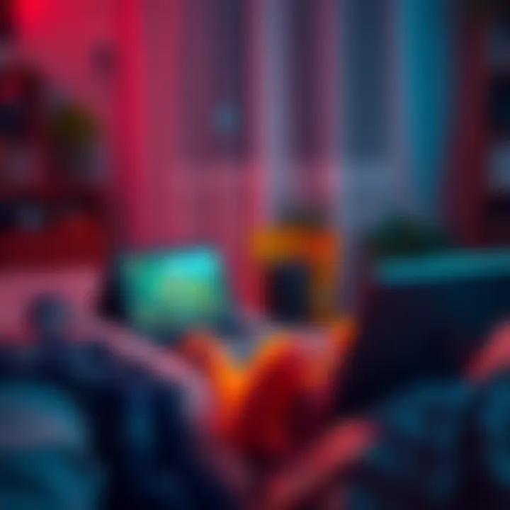 A cozy gaming setup with a person playing a story-driven game on a laptop, surrounded by snacks and warm lighting.