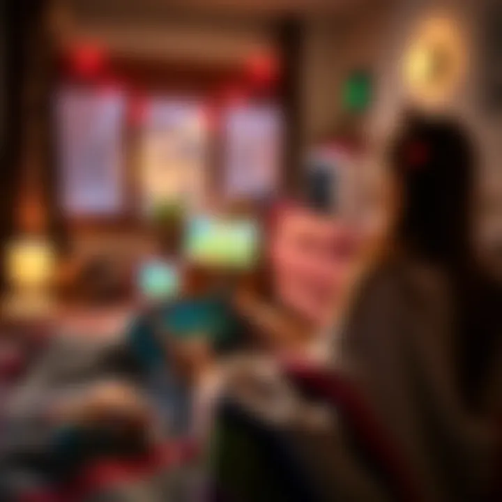 A woman playing Animal Crossing on a Nintendo Switch in a cozy living room setting, surrounded by snacks and a blanket.