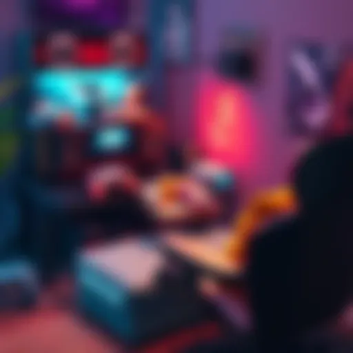 A comfortable gaming station featuring a gaming console, snacks, and a relaxed chair, perfect for unwinding while playing games.