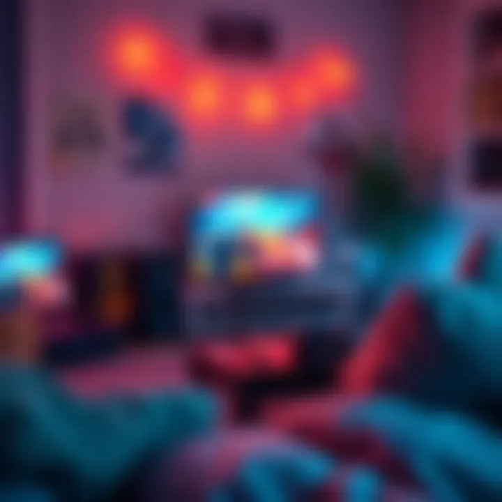 Cozy gaming setup with podcasts A relaxing gaming environment featuring a console, headphones, and a calm atmosphere, perfect for listening to podcasts while playing games.