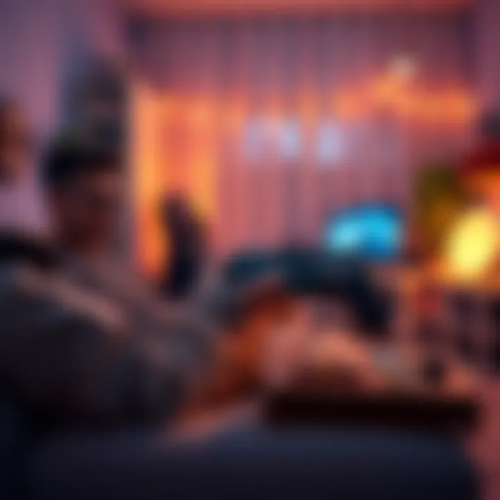 Cozy gaming setup with a controller A gamer sits comfortably in a cozy room, playing single-player games on a console with snacks nearby