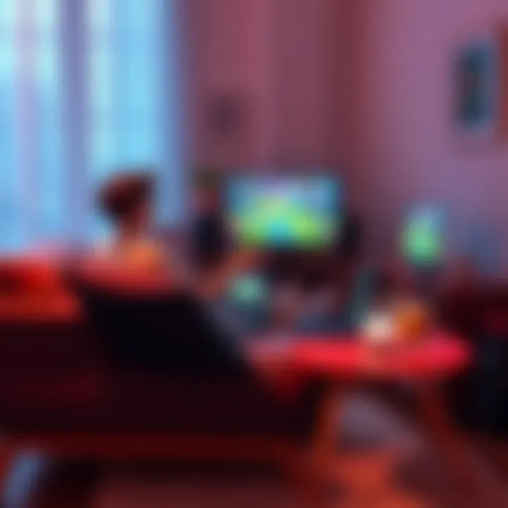 Cozy gaming setup with low-demand games A person sitting comfortably on a couch playing a game on a laptop, surrounded by snacks and drinks, with colorful game graphics displayed on the screen