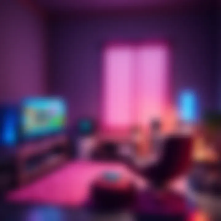 A warm and inviting gaming space featuring a comfortable chair, soft lighting, and a selection of cozy games on a screen