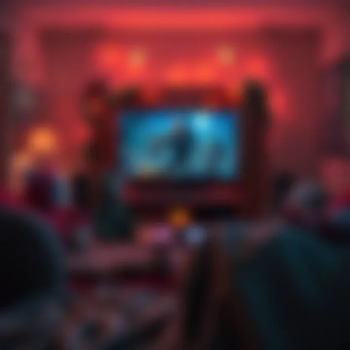A cozy room with soft lighting, featuring a gaming setup where a player interacts with zombie characters on screen, surrounded by comforting decor and horror elements like spooky candles and plush toy...