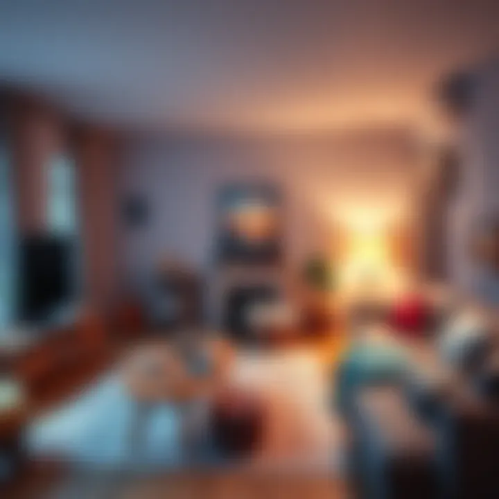 A well-organized living room with cable management and decorative items filling empty spaces