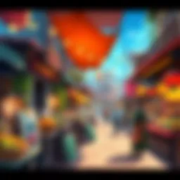 A colorful market scene with merchants selling goods and players trading peacefully, featuring charming graphics and warm atmosphere.