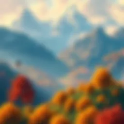 A small character exploring a vast, colorful landscape with mountains and trees, creating a sense of warmth and coziness.