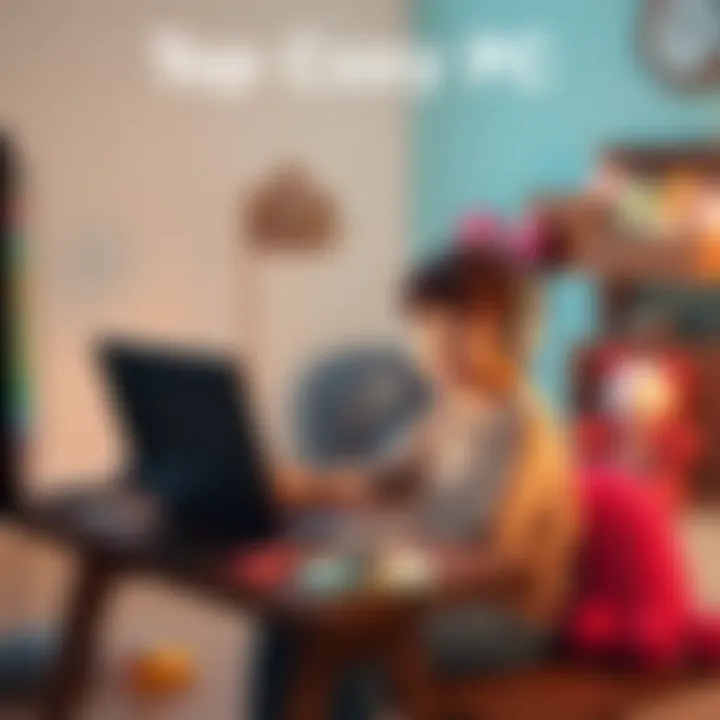 A young girl sitting at a desk with a laptop, smiling while playing a colorful, friendly video game. The room is cozy, with soft lighting and plush toys around her.