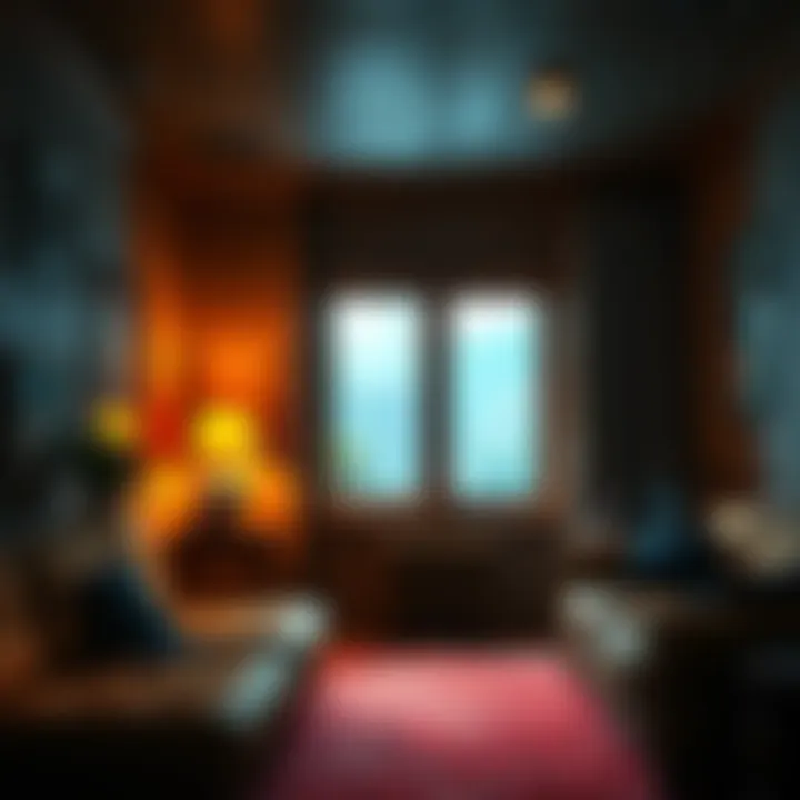 A serene room featuring warm lighting, a window with rain falling outside, and comfortable furniture, creating a calm atmosphere.