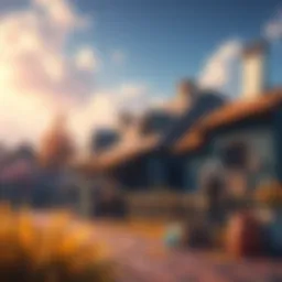 A peaceful village setting in a cozy RPG game showing characters farming and fishing