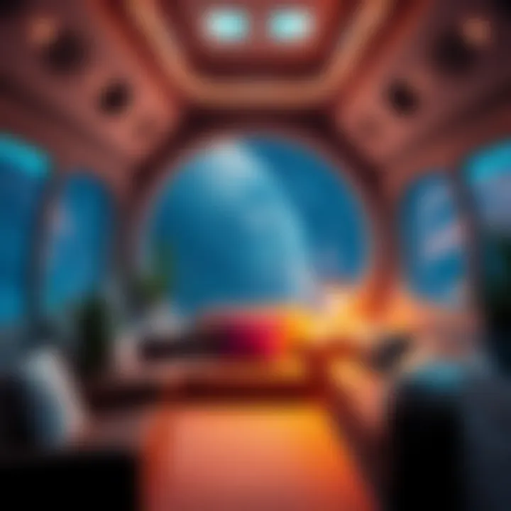 A warm and inviting spaceship interior with comfortable seating and soft lighting, featuring plants and a view of the stars outside.