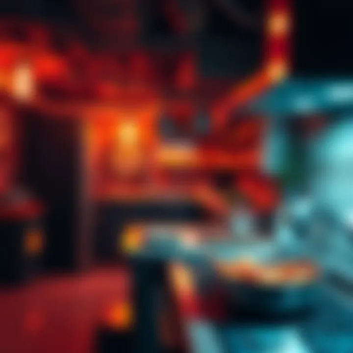A warm and inviting underground kitchen with glowing lights, a cozy table, and a pot of radioactive prawns on the stove.