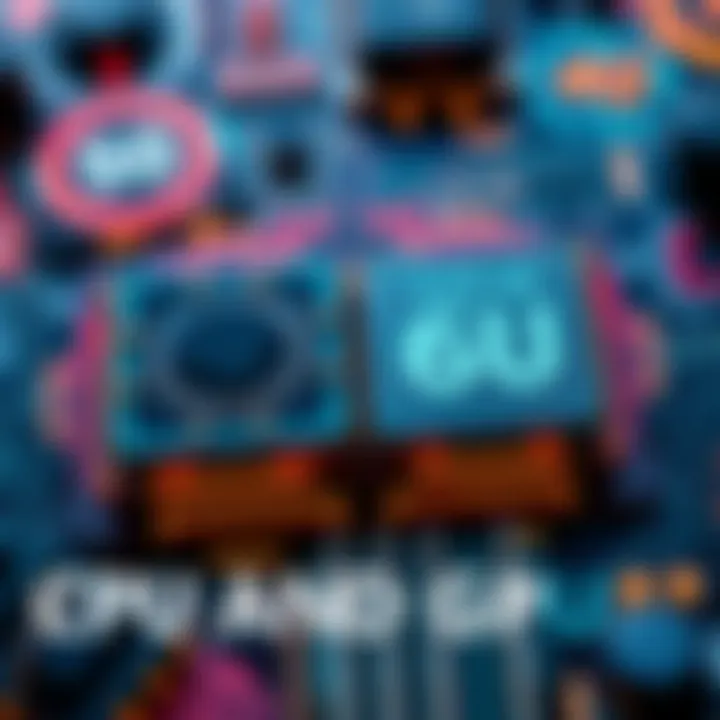 A visual comparison of CPU and GPU chips with highlighting numbers like i7 and i5, and series symbols like 50 and 40, surrounded by performance graphics.