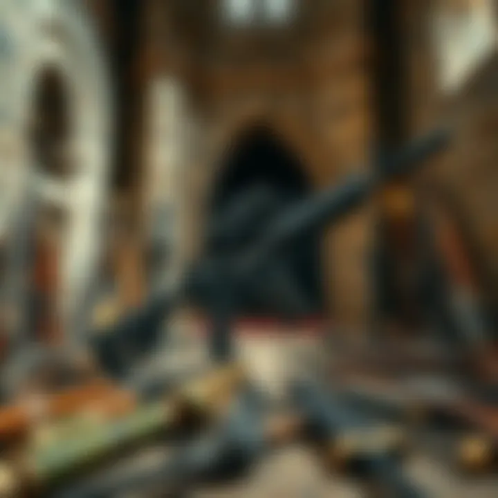 A CQBR firearm placed among ancient weapons inside a medieval castle setting, showing the contrast between modern and historic armaments.