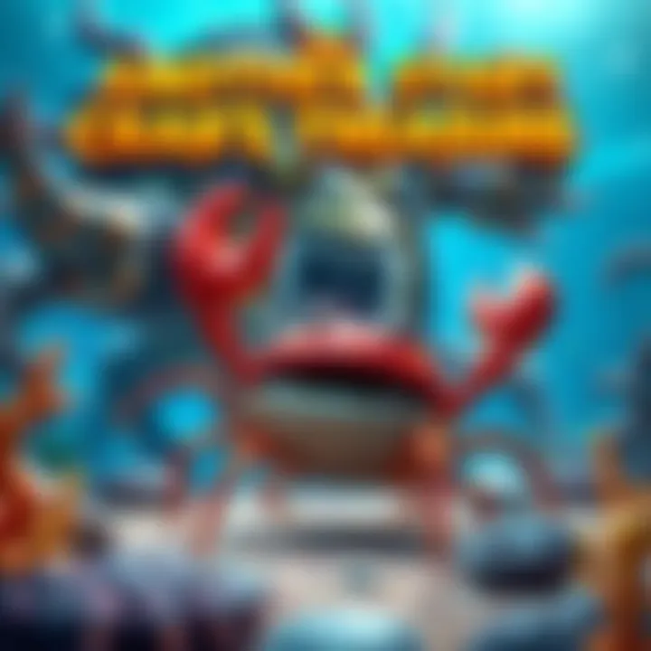 An animated crab character fighting a large, colorful boss in a vibrant underwater setting.