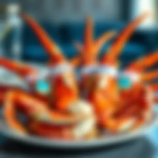 A plate of crab legs featuring colorful, humorous names on labels for each head.