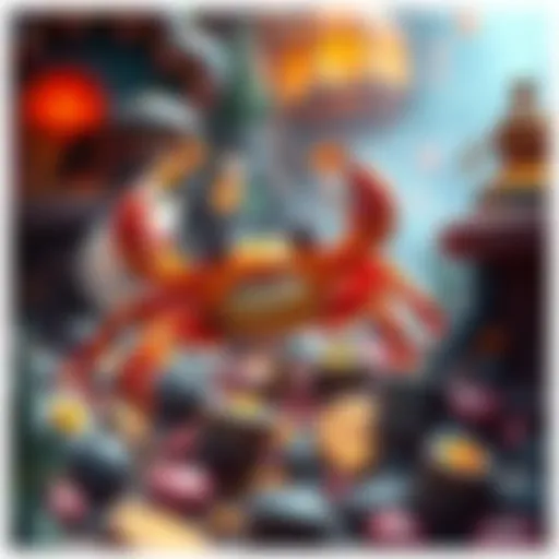 A colorful crab exploring a lively game environment filled with treasures and secrets