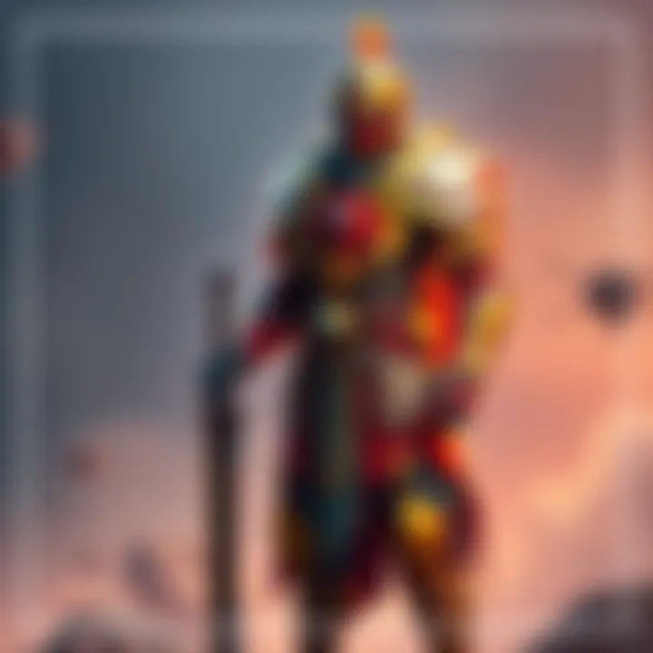 A character showcasing a crafted alpha armor set with vibrant colors and layered design, standing confidently with a sword in hand, ready for battle.