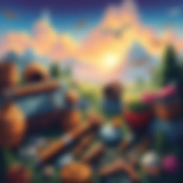 An illustration showcasing various crafting tools and vibrant landscapes from adventure games, highlighting creativity and exploration without survival elements.