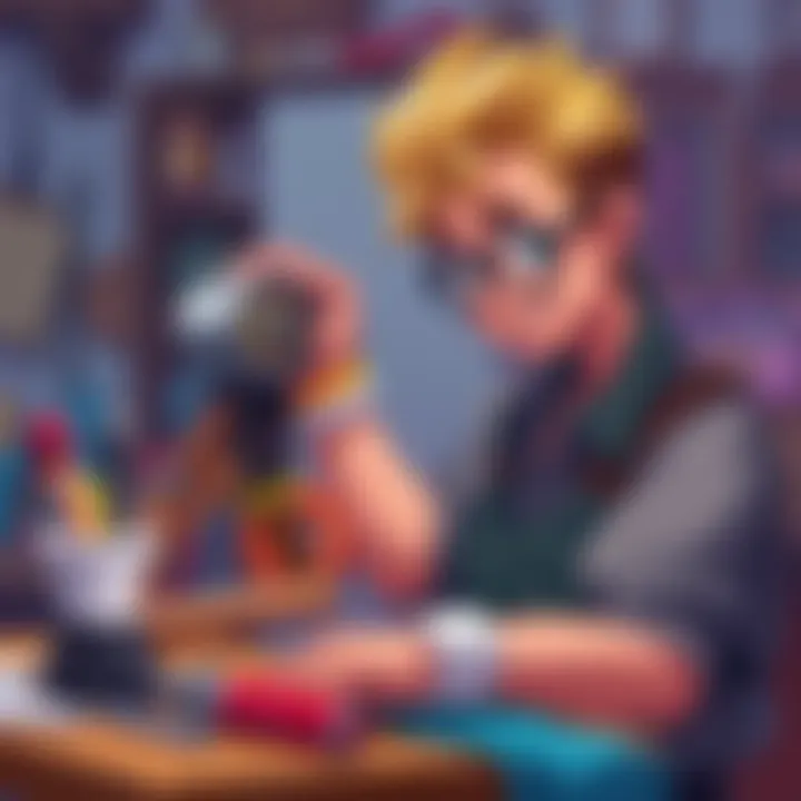 An illustration showing a character crafting Clerk Braces at a workbench with tools and materials around.