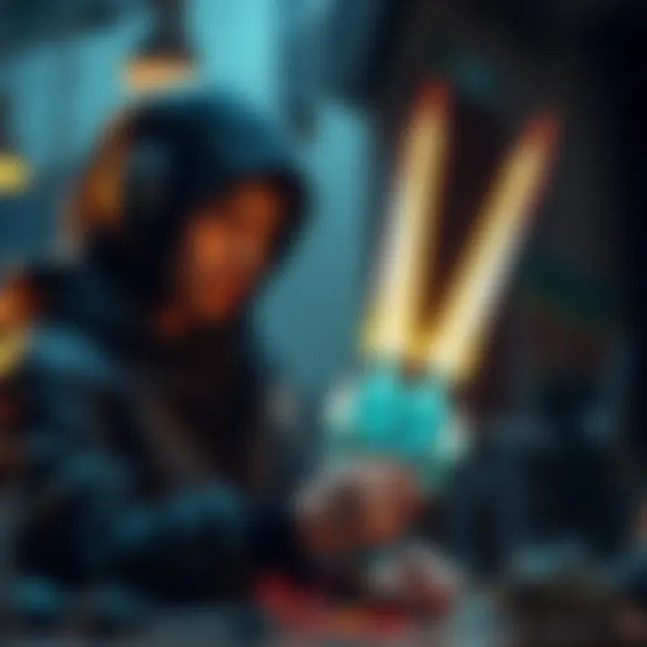 A gamer crafting two shining dual blades with high stats, focusing on Attack, Affinity, and Element attributes