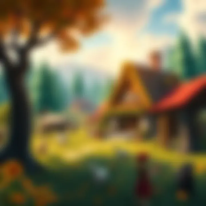 Crafting Game Scene A player building a house in a vibrant crafting game, surrounded by trees and animals, with a farm in the background.
