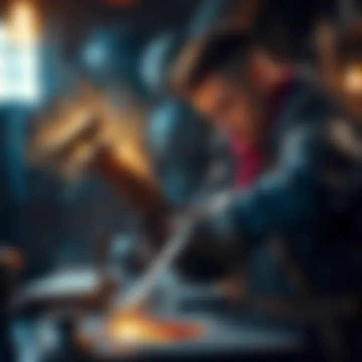 A blacksmith working at a forge, hammering out a glowing sword with sparks flying around.