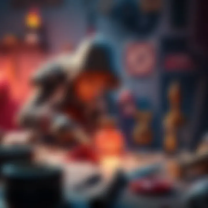 Player crafting items like Hellfire Mail and Buildup Boost in Qurious Crafting, showcasing tools and materials used for special crafting techniques.