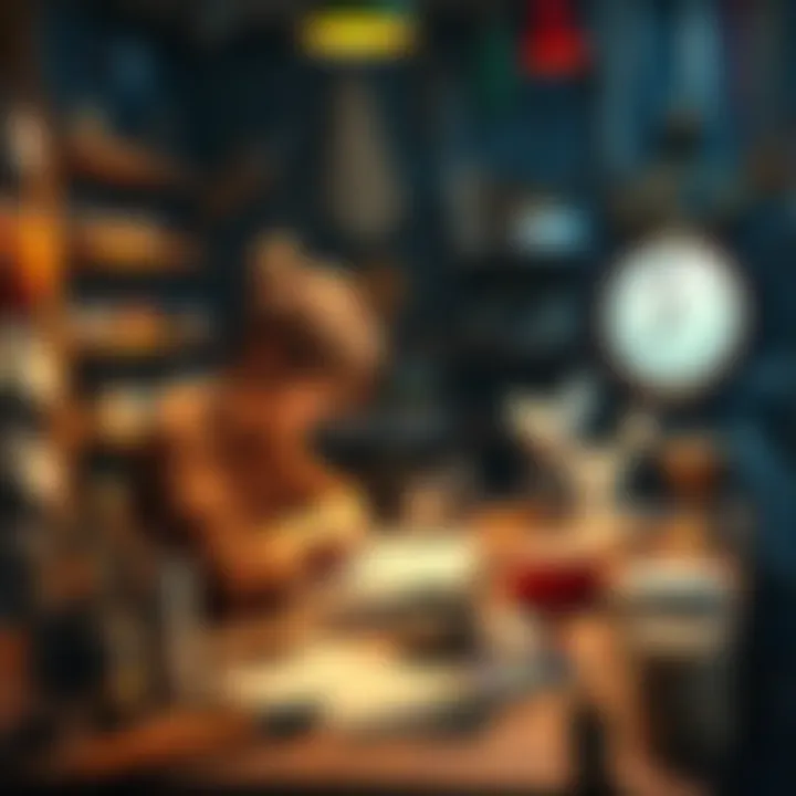 Crafting in Roleplay A character working at a crafting table surrounded by tools and materials, looking tired after a long session, with a clock showing time passing quickly