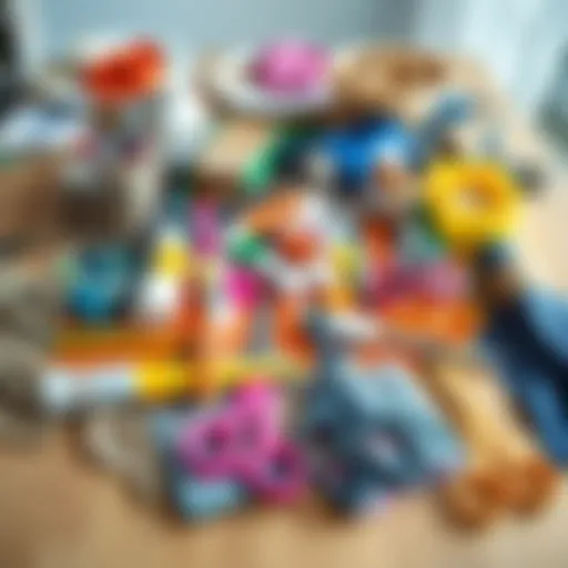 A table filled with various crafting materials like scissors, glue, and fabric, showing some items being sorted into keep and discard piles.