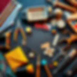 Various crafting materials and tools laid out for game development discussion