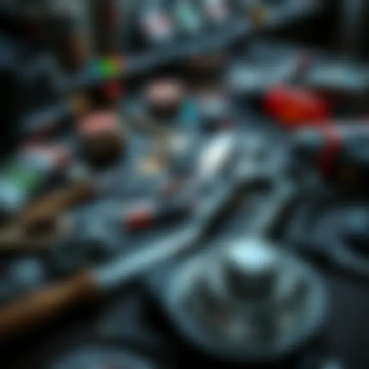 A collection of crafting tools and materials spread on a table in a gaming setting, showcasing various items used for creation in RE9.