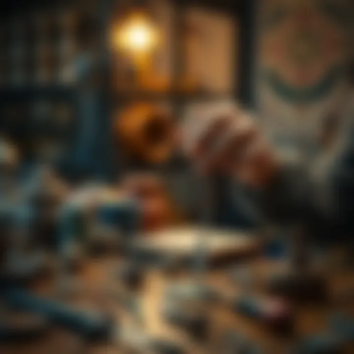 An artisan creating a colorful weapon charm with Israeli cultural symbols and materials on a wooden table