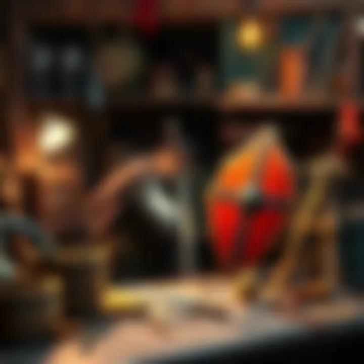 A player crafting a sword and shield at a workbench in an RPG. Tools and materials are scattered around, showing an immersive crafting environment.