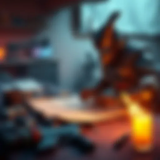 A player crafting weapons using gathered resources in a PvE game environment, surrounded by blueprints and tools.