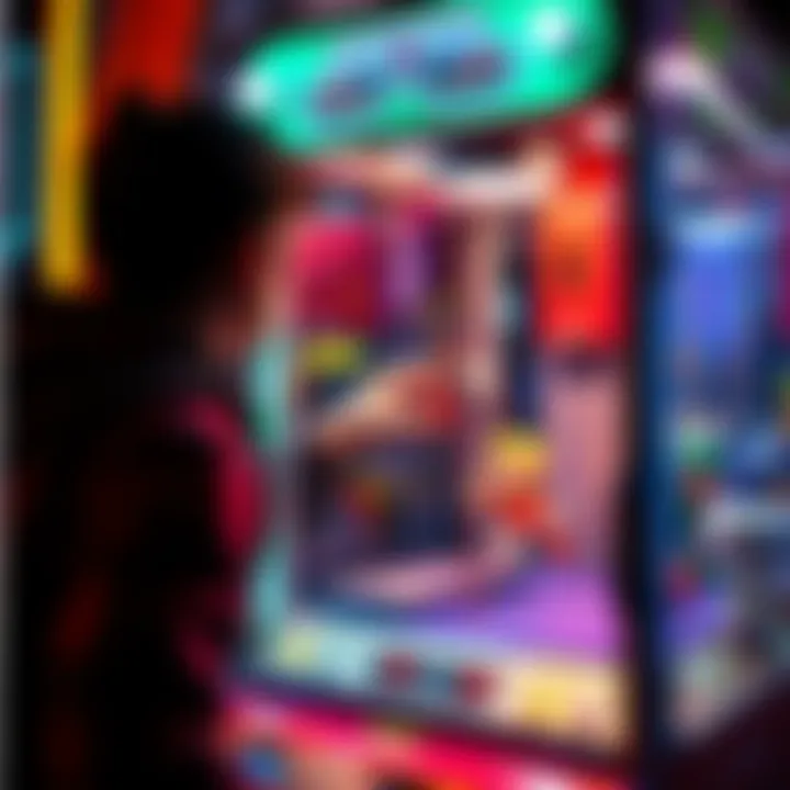 A player attempting to grab a toy with a crane machine at an arcade.
