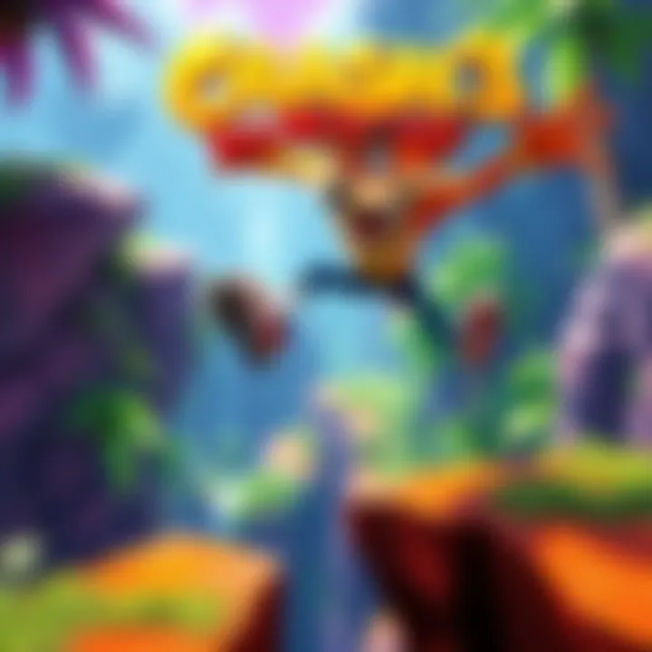A colorful scene from Crash Bandicoot 3: Warped showing Crash jumping over a gap with a jungle background