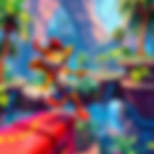 A colorful scene featuring Crash Bandicoot jumping on platforms in a vibrant jungle environment