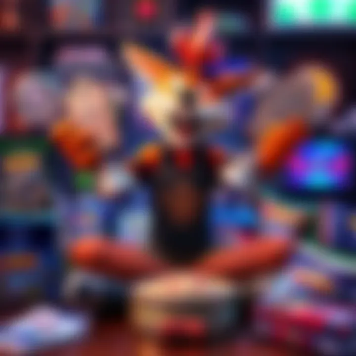 A person joyfully holding four platinum trophies from Crash Bandicoot games, surrounded by gaming memorabilia and snacks.