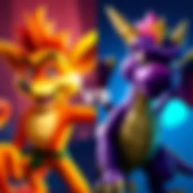 A side-by-side image of Crash Bandicoot and Spyro the Dragon, showcasing their distinct styles and vibrant colors, representing their iconic game franchises.