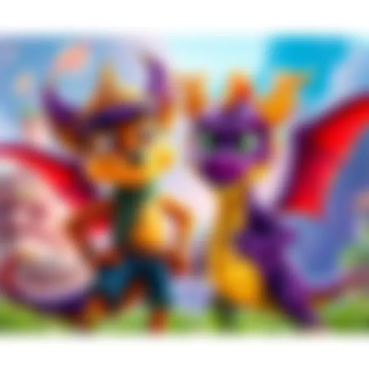 Crash Bandicoot and Spyro the Dragon standing together in a vibrant game world