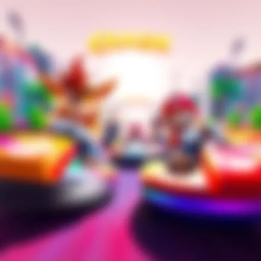 A racing scene with characters from Crash Team Racing and Mario Kart competing on a colorful track