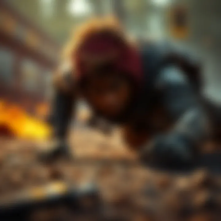 A character using the survivor augment, crawling on the ground with determination, showcasing skills to enhance mobility while downed.