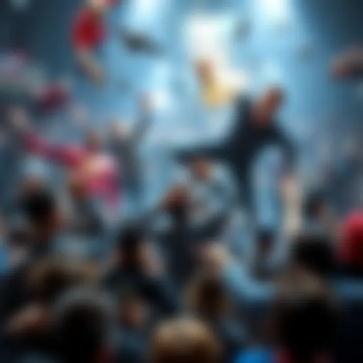 A group of people attempting bizarre and wild challenges in a chaotic setting.