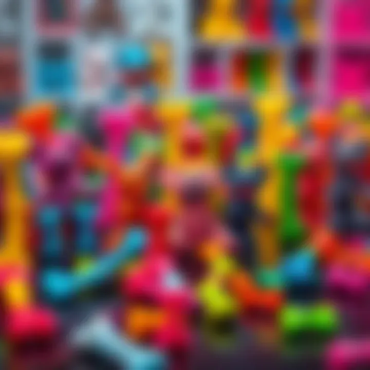 A collection of vibrant Crazy Bones toys arranged neatly on a table.