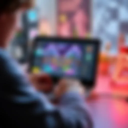 A person using a game design tool on a laptop, with colorful graphics and game elements displayed on the screen.