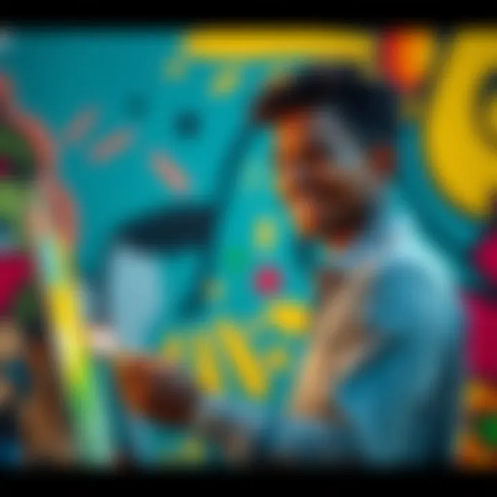 Creating art for others A person painting a colorful mural with happy expressions, showing creativity and connection with others