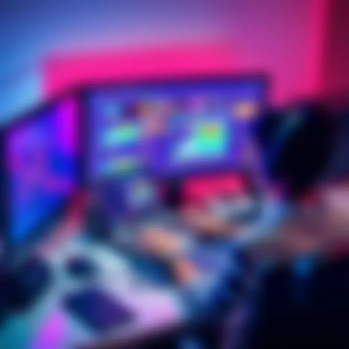 A person sitting at a desk making their first meme on a laptop, with colorful graphics on the screen