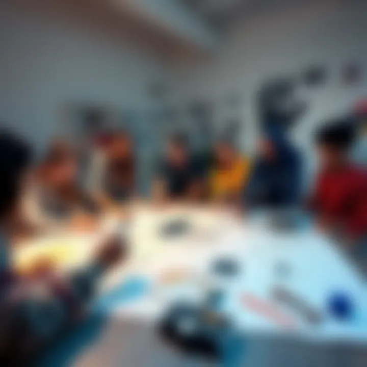 A diverse group of artists brainstorming ideas on a large paper in a design workshop.